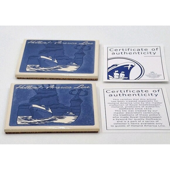 Holland American Cruise Line Neptune Blue Delft Coaster Tiles w/Cork Set of 2 - Picture 2 of 10
